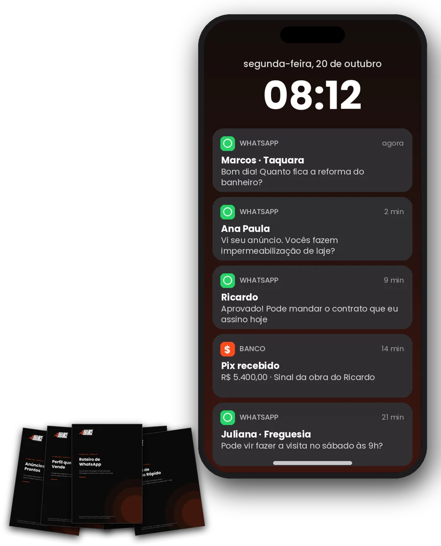 Celular recebendo pedidos de orçamento, obra aprovada e Pix do sinal, ao lado dos materiais do Kit Obra Cheia